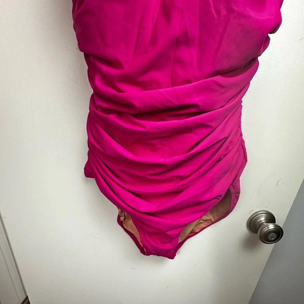 J.Crew Hot Pink Recycled Poly Ruched V-neck Flattering One-Piece Swimsuit NWT 22